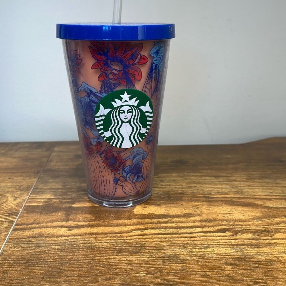 Starbucks Cold Beverage Cup Floral 160z‎ Pink Blue Straw